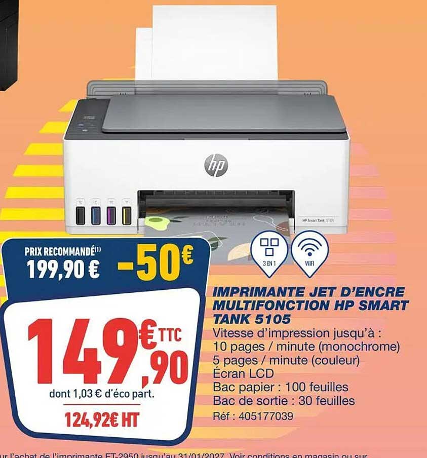 IMPRIMANTE JET D’ENCRE MULTIFONCTION HP SMART TANK 5105