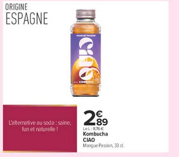 Kombucha CIAO Mangue Passion, 33 cl