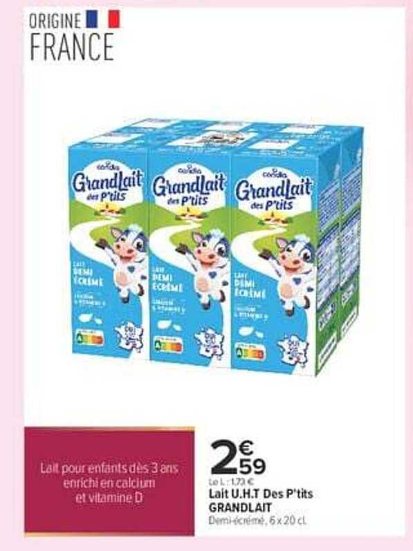 Lait U.H.T Des P'tits GRANDLAIT Demi-écrémé, 6 x 20 cl