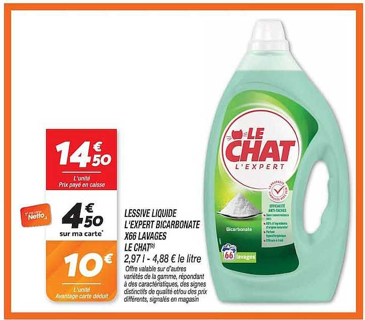 LESSIVE LIQUIDE L'EXPERT BICARBONATE X66 LAVAGES LE CHAT