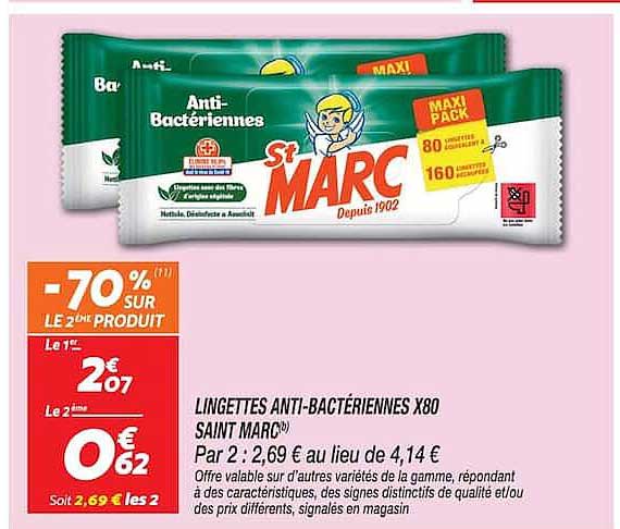 LINGETTES ANTI-BACTÉRIENNES X80 SAINT MARC