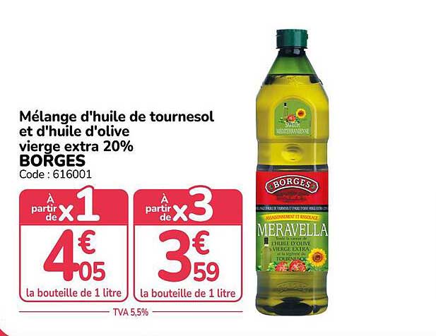 Mélange d'huile de tournesol et d'huile d'olive vierge extra 20% BORGES