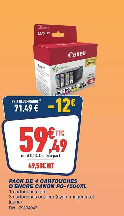 PACK DE 4 CARTOUCHES D'ENCRE CANON PG-1500XL