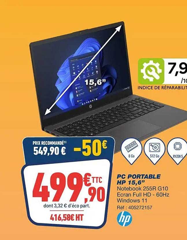 PC PORTABLE HP 15,6" Notebook 255R G10 Ecran Full HD - 60Hz Windows 11