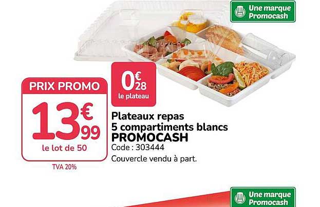 Plateaux repas 5 compartiments blancs PROMOCASH
