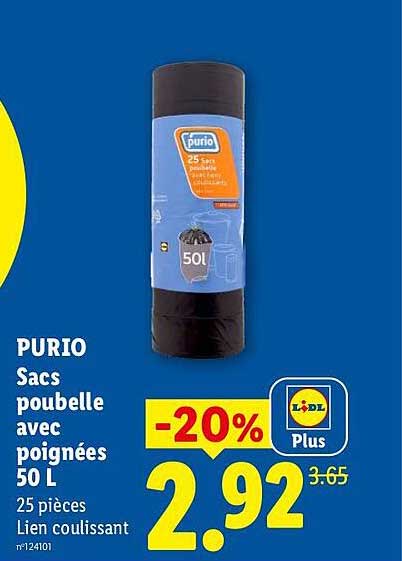 PURIO Sacs poubelle avec poignées 50 L