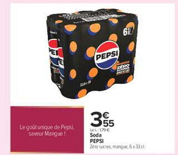 Soda PEPSI Zéro sucres, mangue, 6 x 33 cL