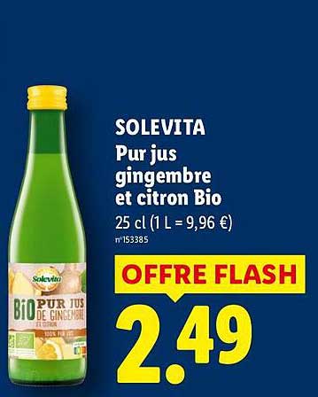 SOLEVITA Pur jus gingembre et citron Bio 25 cl (1 L = 9,96 €) OFFRE FLASH 2.49
