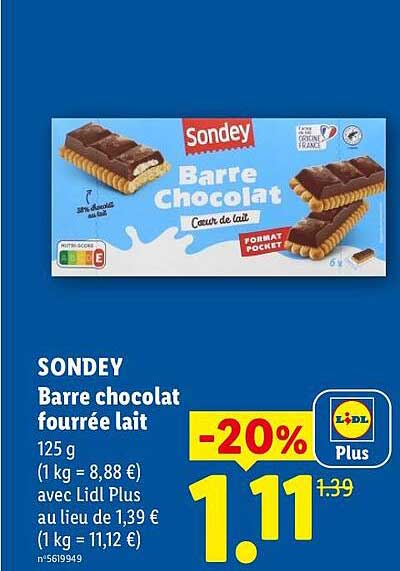 SONDEY Barre chocolat fourrée lait 125 g