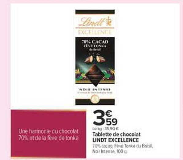 Tablette de chocolat LINDT EXCELLENCE 70% cacao, Fève Tonka du Brésil, Noir Intense, 100 g
