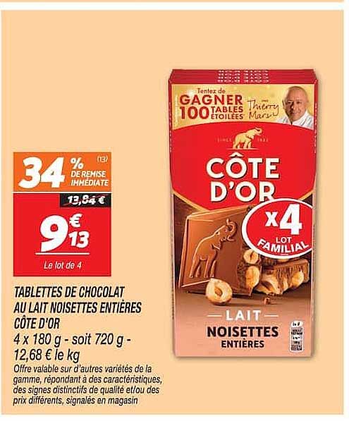 TABLETTES DE CHOCOLAT AU LAIT NOISETTES ENTIÈRES CÔTE D'OR 4 x 180 g - soit 720 g - 12,68 € le kg