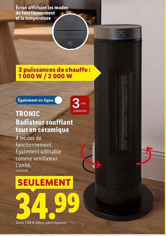 TRONIC Radiateur soufflant tour en céramique