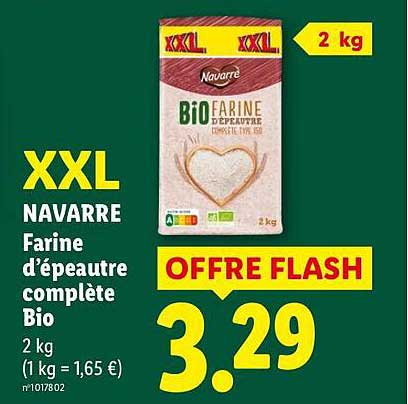 XXL NAVARRE Farine d'épeautre complète Bio 2 kg (1 kg = 1,65 €)