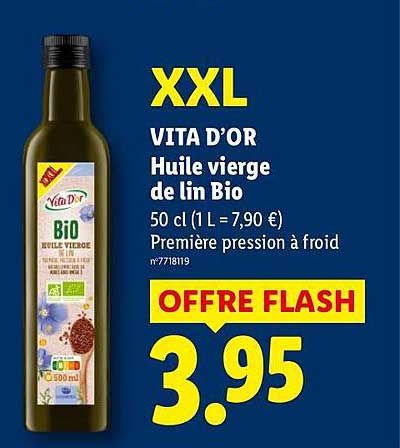 XXL VITA D'OR Huile vierge de lin Bio 50 cl (1 L = 7,90 €) Première pression à froid