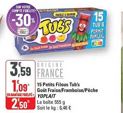 15 Petits Filous Tub's Goût Fraise/Framboise/Pêche