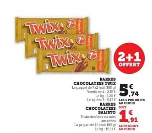 2 + 1 offert sur les barres chocolatées Twix