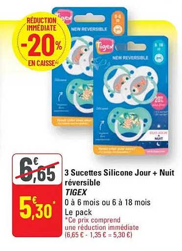 3 Sucettes Silicone Jour + Nuit réversible TIGEX