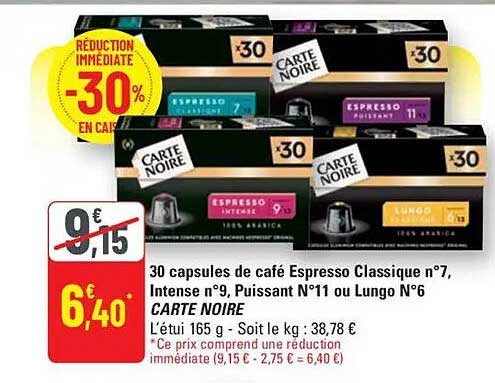 30 capsules de café Espresso Classique n°7, Intense n°9, Puissant N°11 ou Lungo N°6