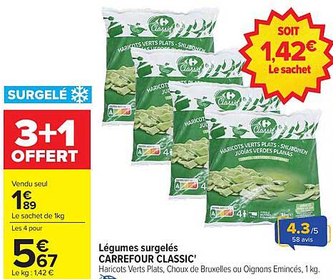 3+1 offert sur les légumes surgelés Carrefour Classic