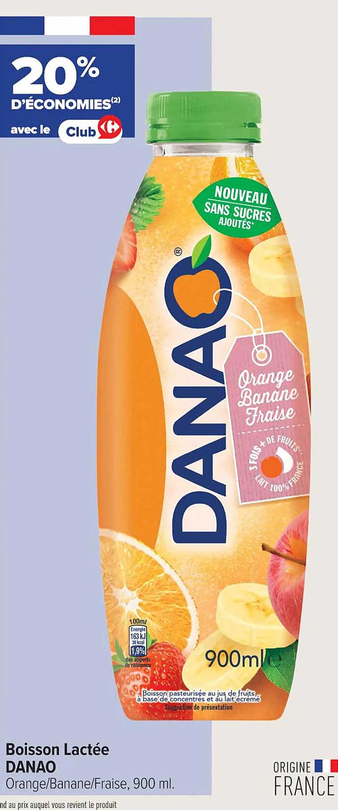 Boisson Lactée DANAO Orange/Banane/Fraise, 900 ml
