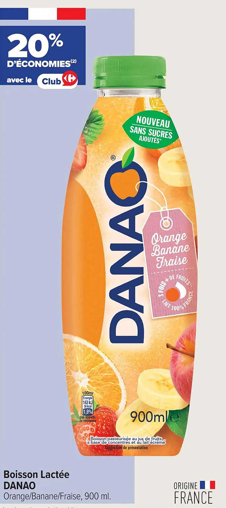 Boisson Lactée Danao Orange/Banane/Fraise, 900 ml