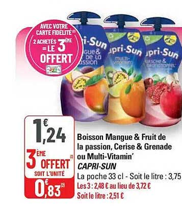 Boisson Mangue & Fruit de la passion, Cerise & Grenade ou Multi-Vitamin’ CAPRI-SUN