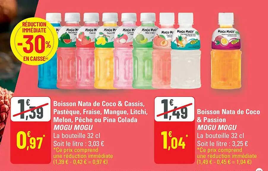 Boisson Nata de Coco & Cassis, Pastèque, Fraise, Mangue, Litchi, Melon, Pêche ou Pina Colada - MOGU MOGU