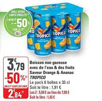 Boisson non gazeuse avec de l’eau & des fruits Saveur Orange & Ananas TROPICO