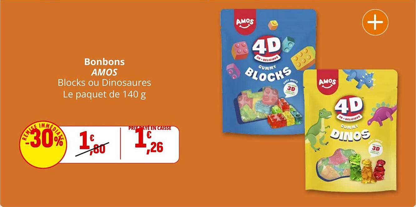 Bonbons AMOS Blocks ou Dinosaures Le paquet de 140 g