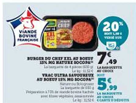 BURGER DU CHEF XL AU BOVIN 15% MG NATURE SOCOPA