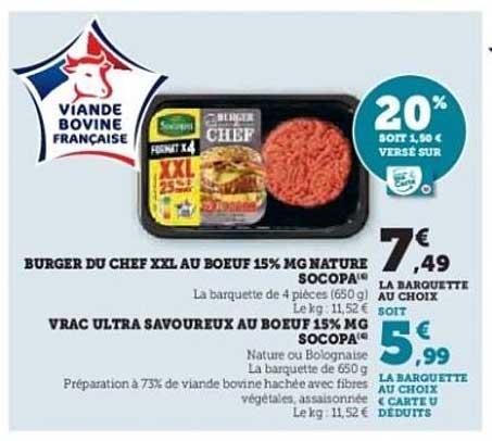 BURGER DU CHEF XXL AU BOEUF 15% MG NATURE SOCOPA