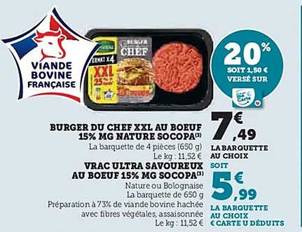 BURGER DU CHEF XXL AU BOEUF 15% MG NATURE SOCOPA®