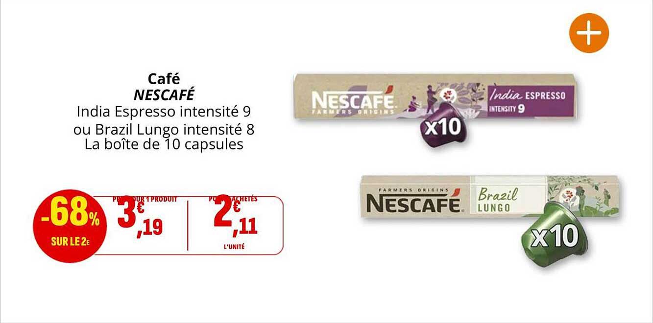 Café NESCAFÉ India Espresso intensité 9 ou Brazil Lungo intensité 8 La boîte de 10 capsules