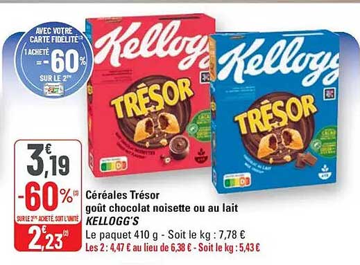 Céréalés Trésor goût chocolat noisette ou au lait KELLOGG'S