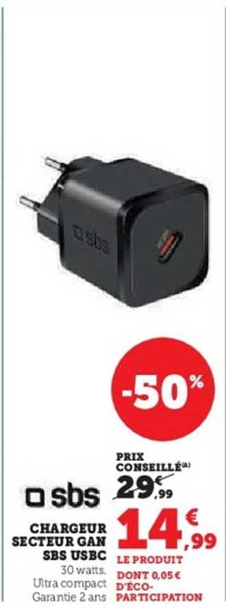 CHARGEUR SECTEUR GAN SBS USBC