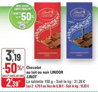 Chocolat au lait ou noir LINDOR LINDT