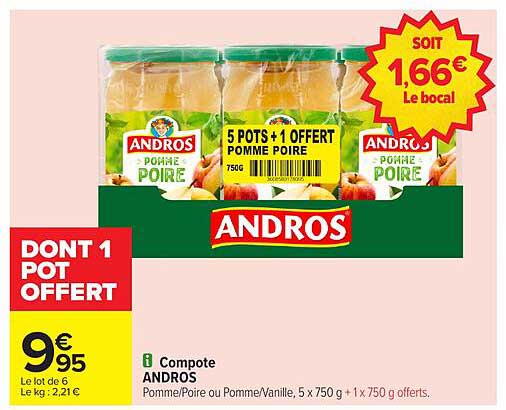 Compote ANDROS Pomme/Poire ou Pomme/Vanille, 5 x 750 g + 1 x 750 g offerts.
