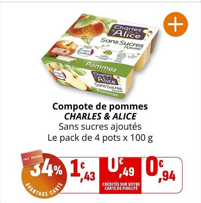 Compote de pommes CHARLES & ALICE Sans sucres ajoutés Le pack de 4 pots x 100 g