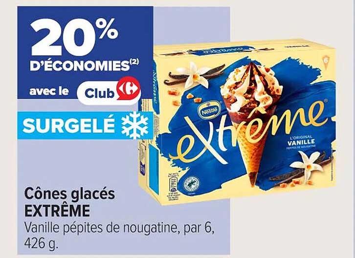 Cônes glacés EXTREME Vanille pépites de nougatine, par 6, 426 g.