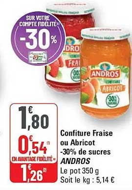 Confiture Fraise ou Abricot -30% de sucres ANDROS