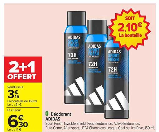 Déodorant ADIDAS Sport Fresh 150ml - 2+1 OFFERT