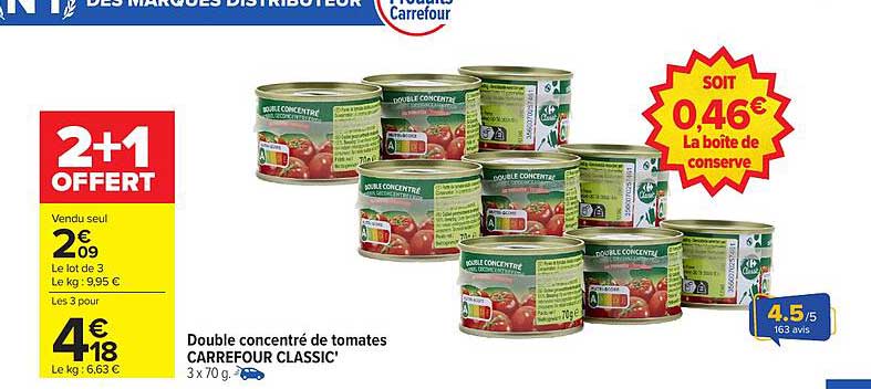 Double concentré de tomates CARREFOUR CLASSIC' 3 x 70 g