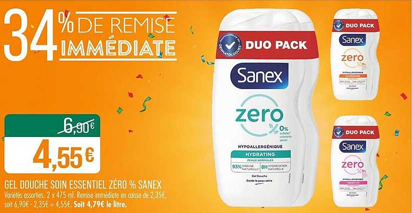Duo Pack Gel Douche Soin Essentiel Zéro % Sanex