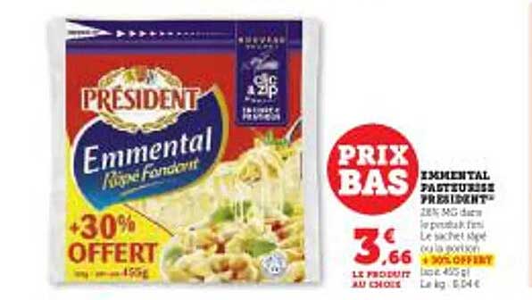 EMMENTAL RÂPÉ FONDU PRESIDENT -30% OFFERT