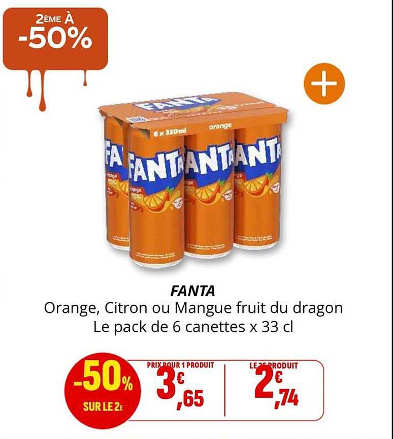 FANTA Orange, Citron ou Mangue fruit du dragon Le pack de 6 canettes x 33 cl
