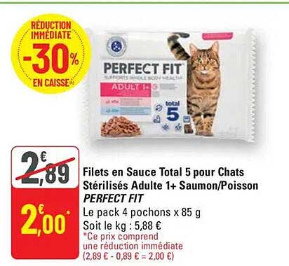 Filets en Sauce Total 5 pour Chats Stérilisés Adulte 1+ Saumon/Poisson PERFECT FIT