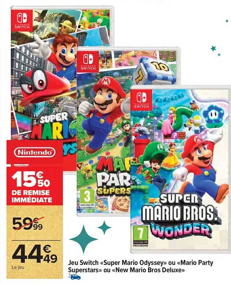 Jeu Switch «Super Mario Odyssey» ou «Mario Party Superstars» ou «New Mario Bros Deluxe»