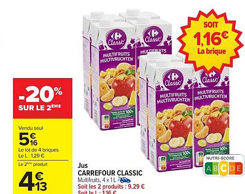 Jus CARREFOUR CLASSIC Multifruits, 4 x 1 L