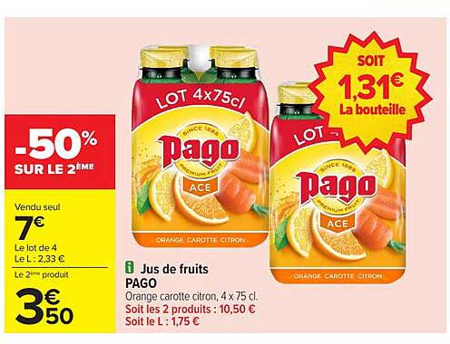 Jus de fruits PAGO - Orange carotte citron, 4 x 75 cl
