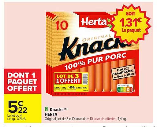 Knacki 100% Pur Porc - Lot de 3 + 1 Offert